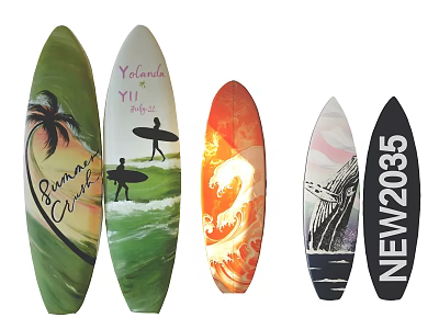 Multiple Colorful Decorative Surfboard Ornament Set with Various Designs Patterns and Lettering 3d model
