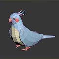Blue Paper Craft Bird with Orange Beak Pink Cheeks on Dark Background with Reflective Surface