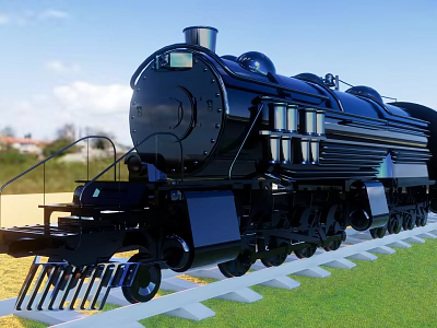 Vintage Black Steam Train Running on Railway Tracks with Green Grass and Clear Blue Sky Background 3d model