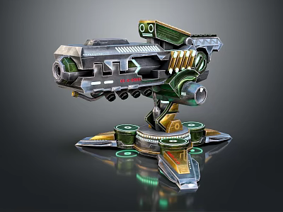 Futuristic Sci-Fi Mechanical Device With Metallic Structure Green Accents Gold Details And Glowing Base Stand 3d model