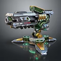 Futuristic Sci-Fi Mechanical Device With Metallic Structure Green Accents Gold Details And Glowing Base Stand