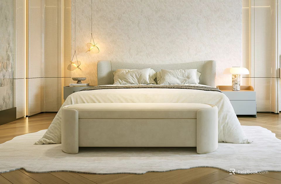 Double Bed in Modern Bedroom with Upholstered Headboard Pillows Bench Nightstands Lamps and Textured Wall 3d model 