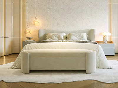 Double Bed in Modern Bedroom with Upholstered Headboard Pillows Bench Nightstands Lamps and Textured Wall 3d model