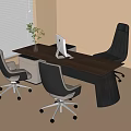 Modern Office Desk with Wooden Top Ergonomic Chairs White Computer Monitor Potted Plant Near Window