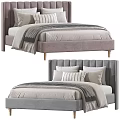 Modern Upholstered Double Bed Design With Striped Pillows Throw Blanket And Wooden Legs