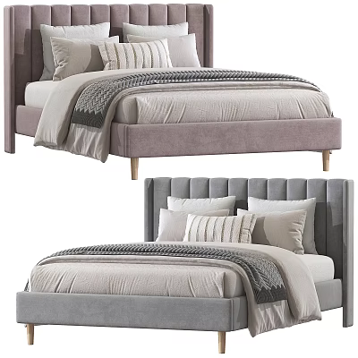 Modern Upholstered Double Bed Design With Striped Pillows Throw Blanket And Wooden Legs 3d model