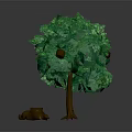 Cartoon Scene Featuring Green Leafy Tree Brown Trunk Orange Fruits And Small Brown Stump