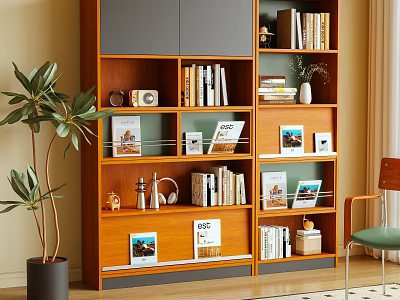 Wooden Bookcase with Books Decorative Items and Photo Frames Next to Green Plant and Chair 3d model