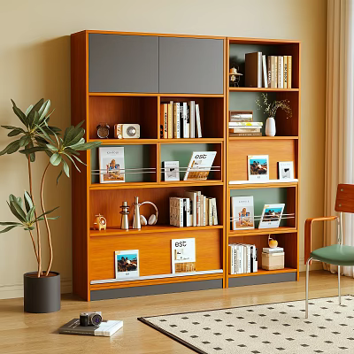 Wooden Bookcase with Books Decorative Items and Photo Frames Next to Green Plant and Chair 3d model