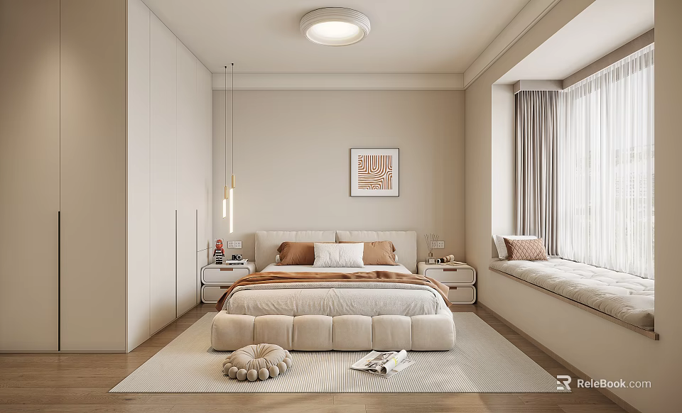 Modern Minimalist Bedroom Interior With Plush Bed Nightstands Area Rug And Wall Art 3d model 