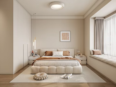 Modern Minimalist Bedroom Interior With Plush Bed Nightstands Area Rug And Wall Art 3d model