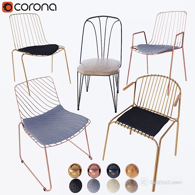 Modern Single Accent Chairs With Various Styles Metal Frames And Colorful Upholstered Seats 3d model 