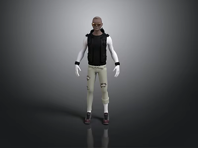 Man 3D Character Model Wearing Black Vest Beige Pants And White Gloves 3d model