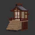 Cartoon Scene Featuring Traditional Japanese Wooden Building With Black Roof Stairs And Red Window Decorations