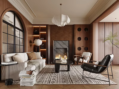 Modern Duplex Living Room Interior With Fireplace Chandelier Arched Window And Wooden Bookshelves 3d model