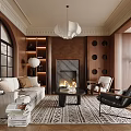 Modern Duplex Living Room Interior With Fireplace Chandelier Arched Window And Wooden Bookshelves