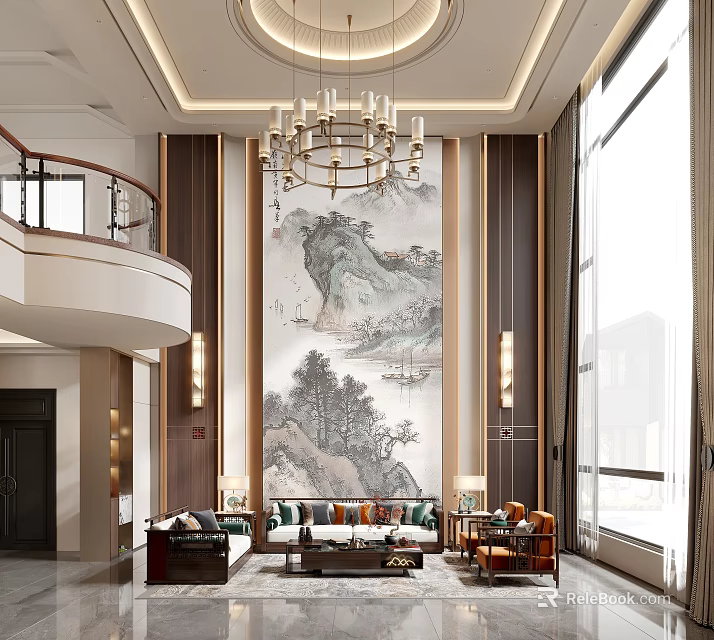 Duplex Living Room With Large Mountain Mural Elegant Chandelier Sofa And Floor To Ceiling Windows 3d model 