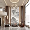 Duplex Living Room With Large Mountain Mural Elegant Chandelier Sofa And Floor To Ceiling Windows