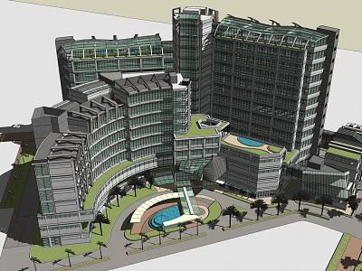 Modern Architectural Complex With Glass Curtain Walls Central Plaza And Palm Trees 3d model