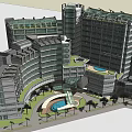 Modern Architectural Complex With Glass Curtain Walls Central Plaza And Palm Trees