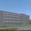 Modern Office Building Exterior With Gray Facade Large Windows And Landscaped Front Plaza