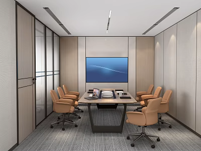 Modern Conference Room Interior Design With Large Screen Wooden Table And Ergonomic Chairs 3d model