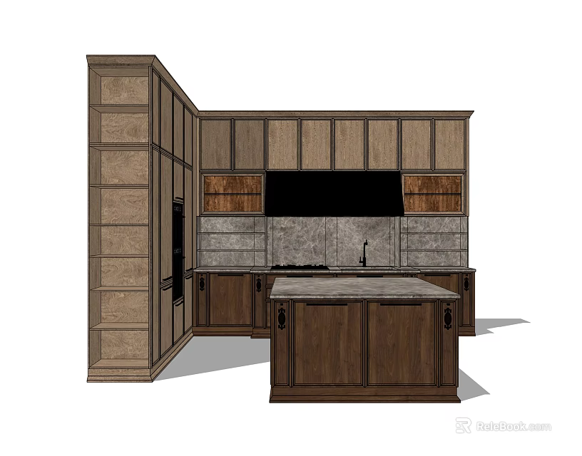 Dark Wood Kitchen Cabinets Interior Design With Island Counter And Stone Backsplash 3d model 