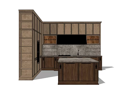 Dark Wood Kitchen Cabinets Interior Design With Island Counter And Stone Backsplash 3d model