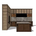 Dark Wood Kitchen Cabinets Interior Design With Island Counter And Stone Backsplash
