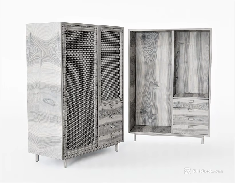 Modern Wooden Wardrobes With Mesh Door Solid Panel And Drawer Storage Design 3d model 