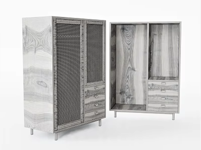 Modern Wooden Wardrobes With Mesh Door Solid Panel And Drawer Storage Design 3d model