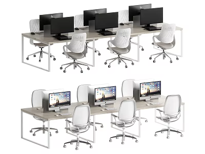 Modern Office Desks With Computer Monitors White Office Chairs And Multiple Workstations 3d model