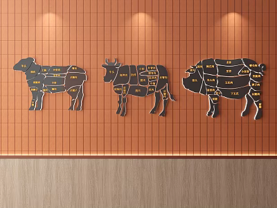 Meat Cut Wall Decor with Cow Pig Silhouettes and Yellow Labels on Orange Grid Wall 3d model
