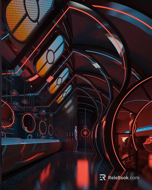 Modern Bar Interior Design With Neon Lights Curved Structures And Stylish Counter Seating 3d model