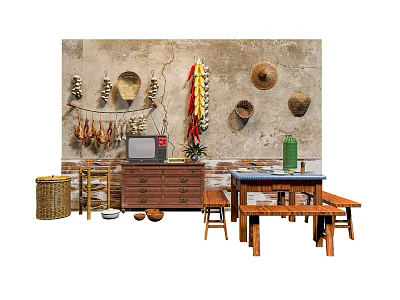 Rustic Garden Decor With Hanging Baskets Straw Hats Dried Chili Strings And Wooden Furniture 3d model