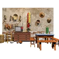 Rustic Garden Decor With Hanging Baskets Straw Hats Dried Chili Strings And Wooden Furniture