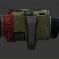 Professional Commercial Camera Equipment In Red And Yellow With Large Lens Adjustable Strap And Controls