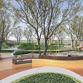 Scenic Park Landscape Featuring Circular Lawn With Yellow Sculpture Stone Pathways Trees And Stone Decorations