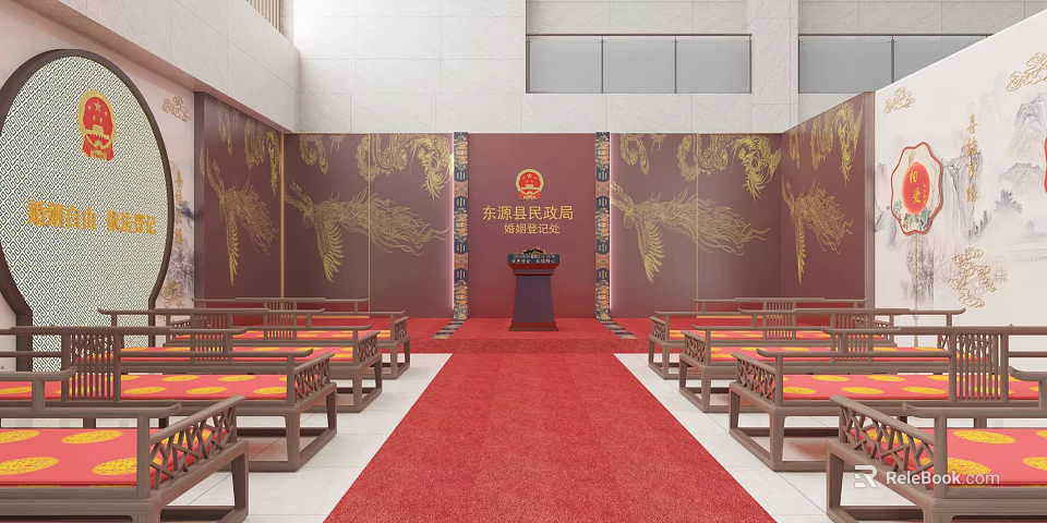 Government Service Hall Interior With Red Carpet Golden Dragon Patterns And Podium 3d model 
