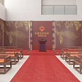 Government Service Hall Interior With Red Carpet Golden Dragon Patterns And Podium