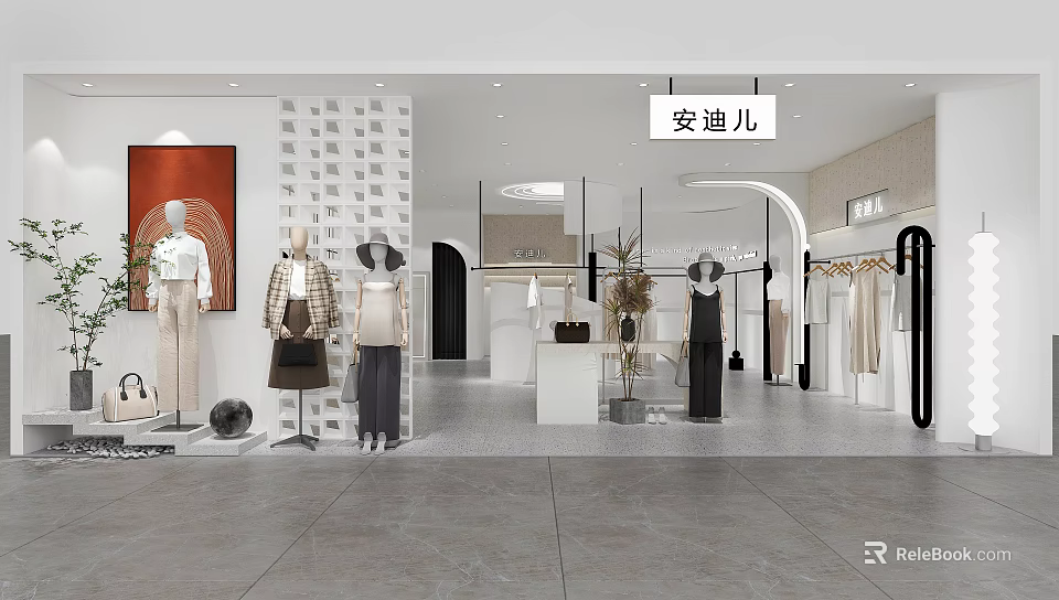 Modern Clothing Store Interior With Mannequins Various Clothing Styles Display Racks And Plants 3d model 
