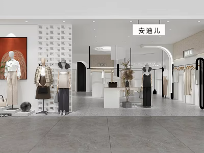 Modern Clothing Store Interior With Mannequins Various Clothing Styles Display Racks And Plants 3d model