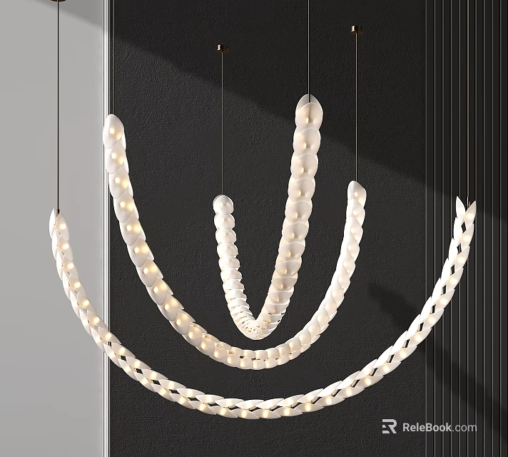 Modern Curved Chain Like Chandelier With White Spherical Beads Hanging Against Dark Wall 3d model 