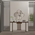 Minimalist Chinese Entryway Hallway With Wooden Lattice Screens Circular Painting And Green Plants