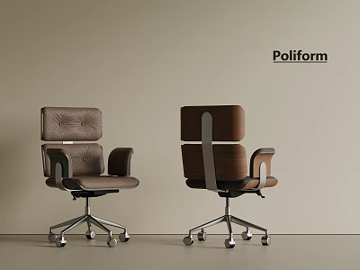 Poliform Modern Office Chair With Brown Leather Armrests And Metal Casters Design 3d model