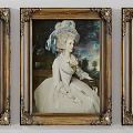 Multiple Classical Portrait Paintings in Ornate Frames with Historical Dresses and Background Details