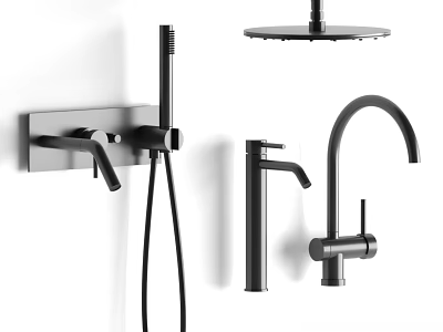 Sleek Black Bathroom Accessories Including Shower Heads And Faucets 3d model