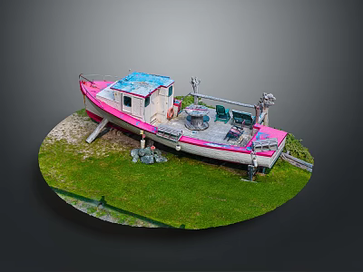 Miniature Pink And White Model Boat Docked On Grass With Chairs And Table 3d model