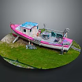 Miniature Pink And White Model Boat Docked On Grass With Chairs And Table