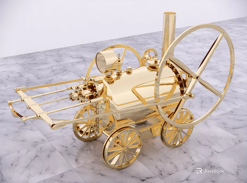Golden Steam Locomotive Sculpture Displayed On Polished Marble Floor With Intricate Details 3d model 